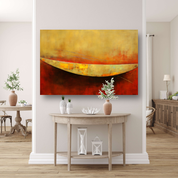 Abstracte compositie van kleurrijke boot op rood canvas