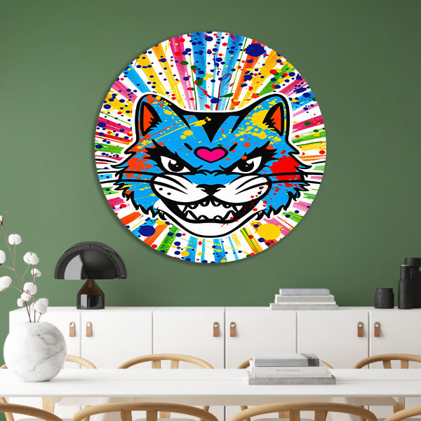 Kleurrijke kat met abstracte spatten achtergrond aluminium muurcirkel