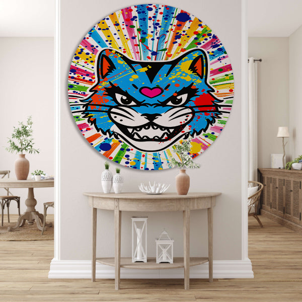 Kleurrijke kat met abstracte spatten achtergrond aluminium muurcirkel