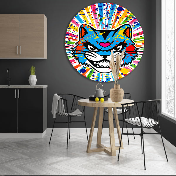 Kleurrijke kat met abstracte spatten achtergrond aluminium muurcirkel