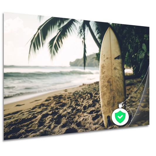 Tropisch strand met wachtend surfboard poster