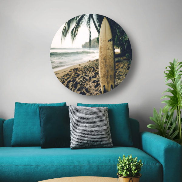 Tropisch strand met wachtend surfboard forex muurcirkel