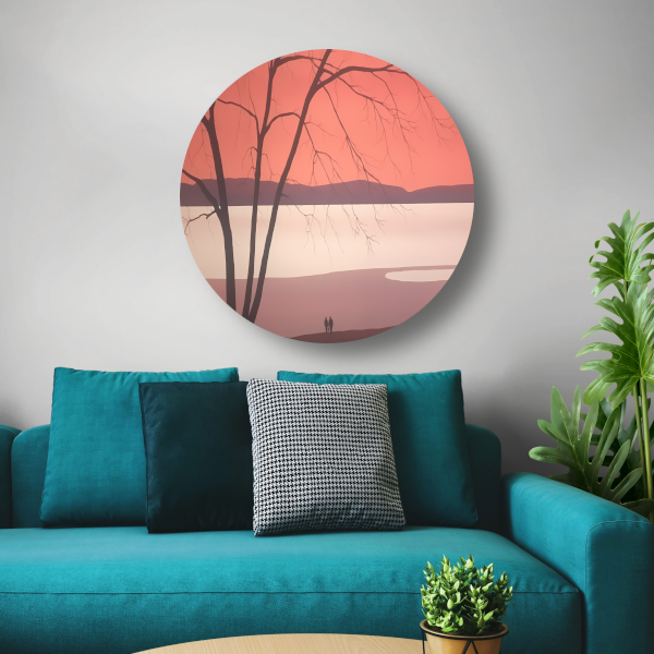 Minimalistisch landschap met meer aluminium muurcirkel