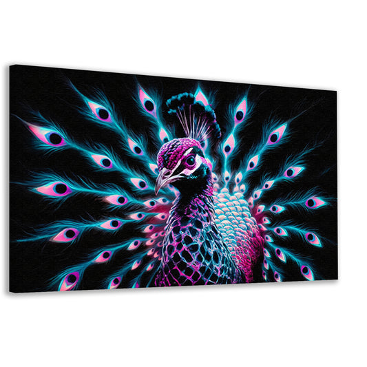 Digitale kunst van een kleurrijke pauw in neon canvas