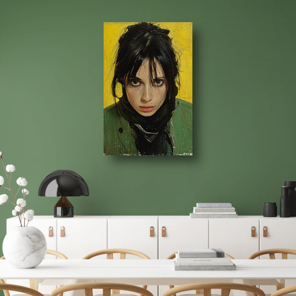Realistisch portret van een vrouw met gele achtergrond canvas