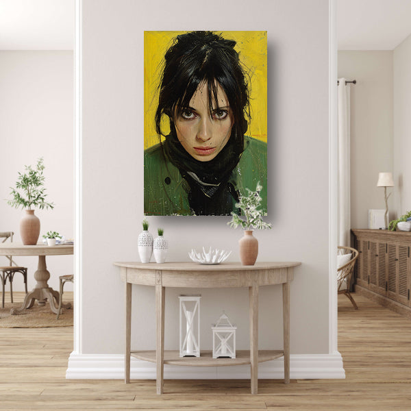 Realistisch portret van een vrouw met gele achtergrond canvas