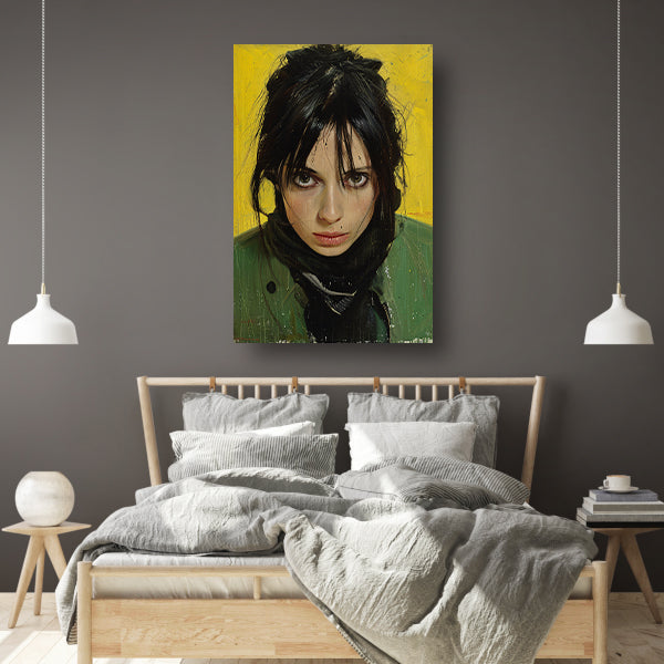 Realistisch portret van een vrouw met gele achtergrond canvas