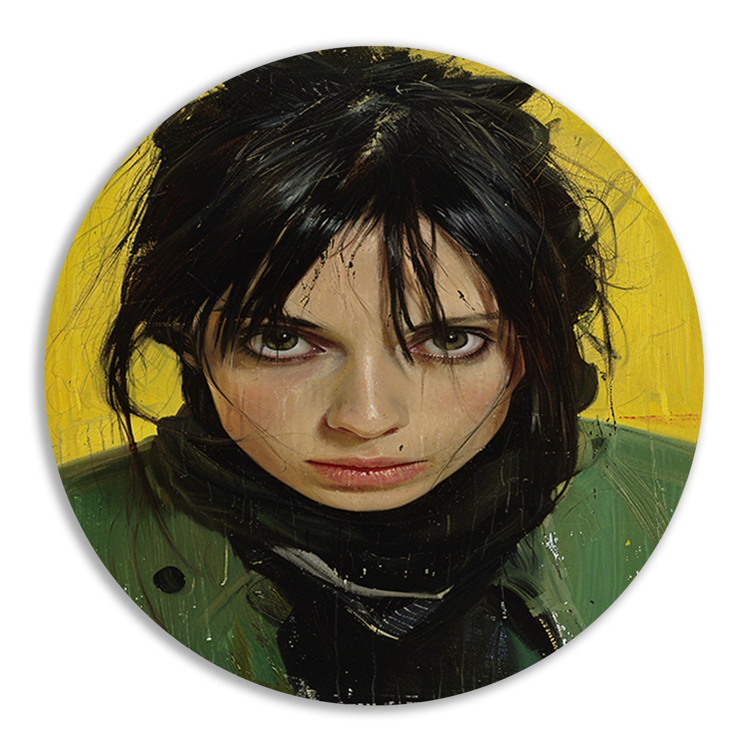 Realistisch portret van een vrouw met gele achtergrond aluminium muurcirkel