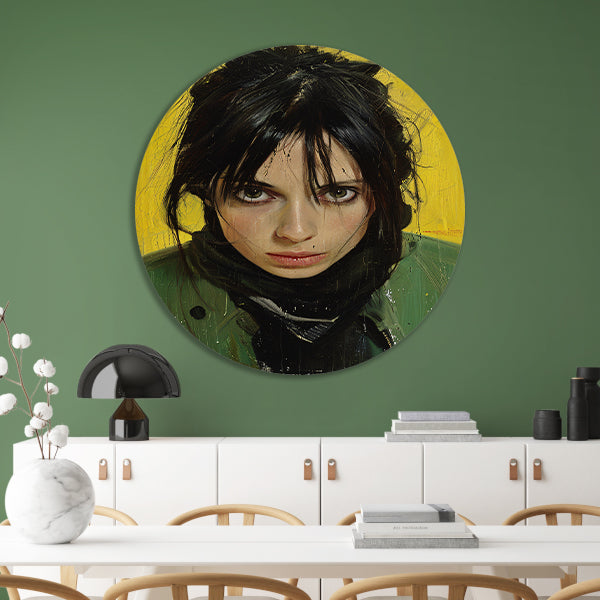 Realistisch portret van een vrouw met gele achtergrond aluminium muurcirkel