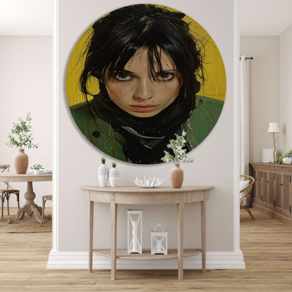 Realistisch portret van een vrouw met gele achtergrond aluminium muurcirkel