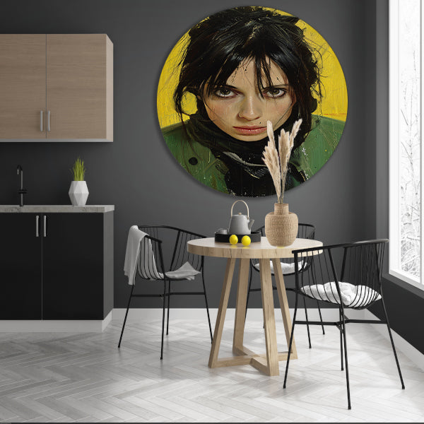 Realistisch portret van een vrouw met gele achtergrond aluminium muurcirkel