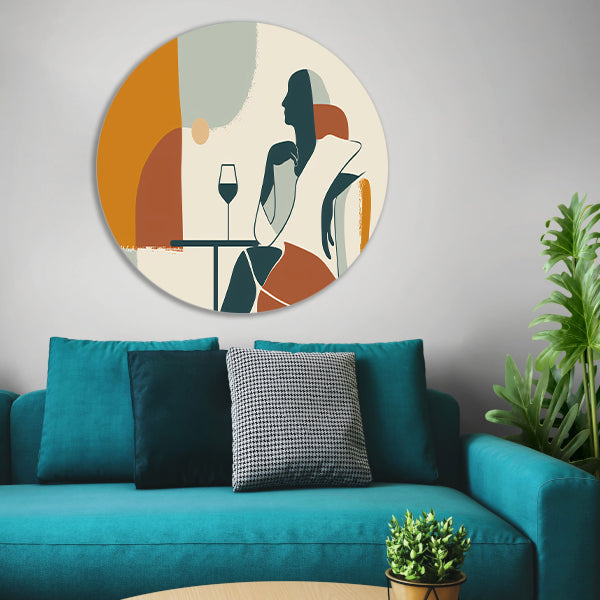 Zittende silhouet met wijnglas in minimalisme aluminium muurcirkel