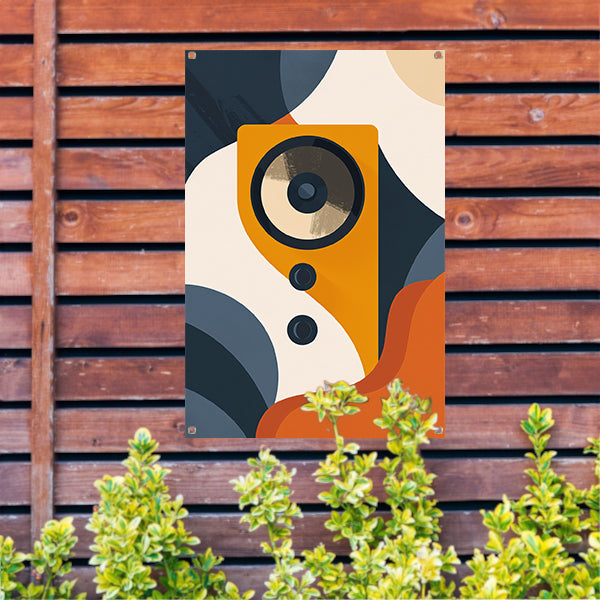 Abstracte Gele Luidspreker met Vormen tuinposter