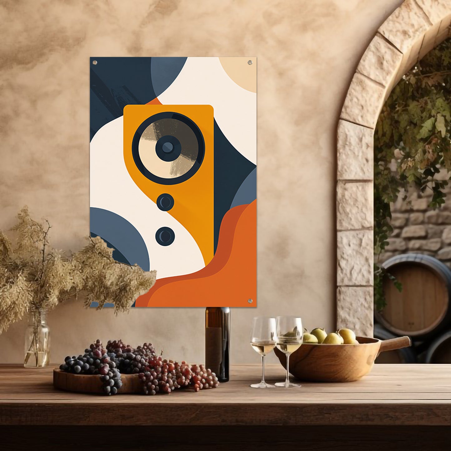 Abstracte Gele Luidspreker met Vormen tuinposter