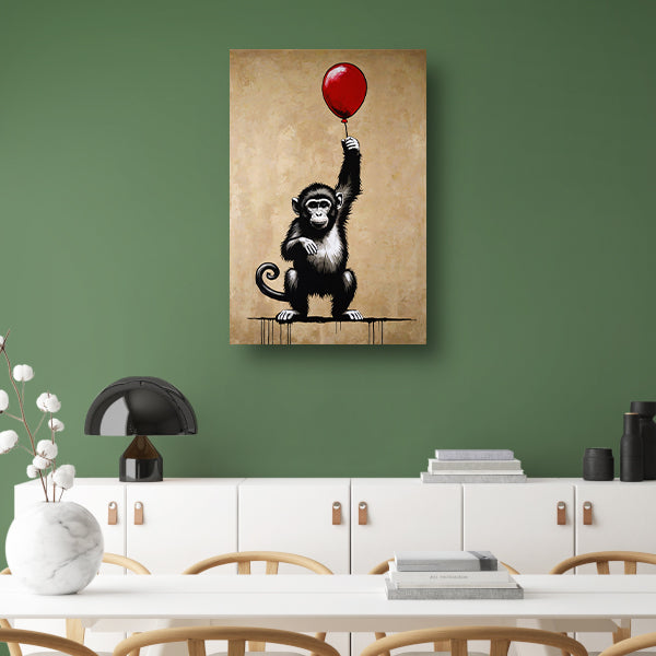 Chimpansee met rode ballon op beige achtergrond canvas