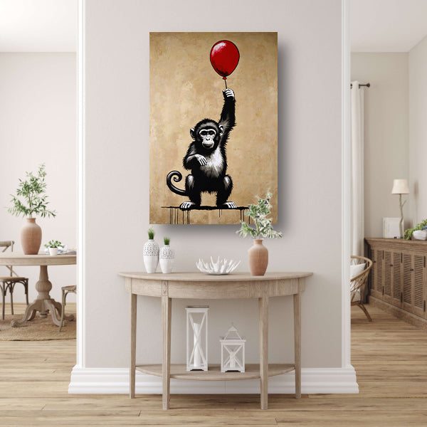 Chimpansee met rode ballon op beige achtergrond canvas
