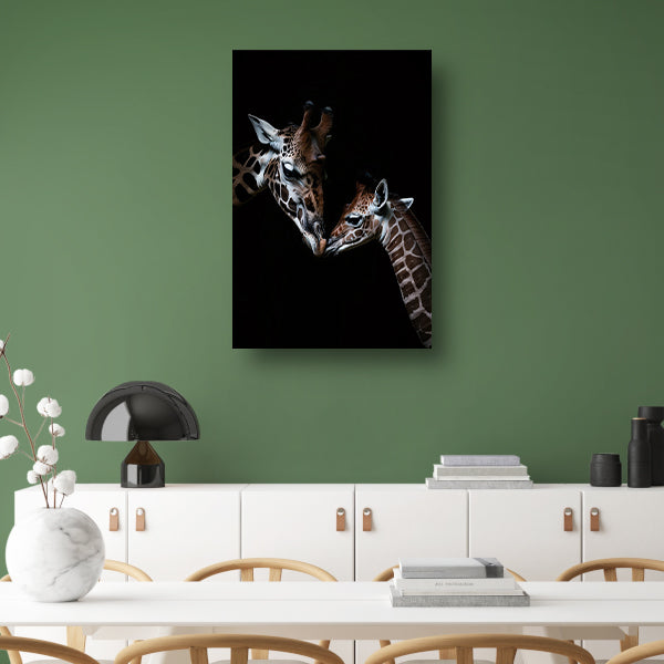 Zwart-wit kunstwerk van nuzzelende giraffen canvas
