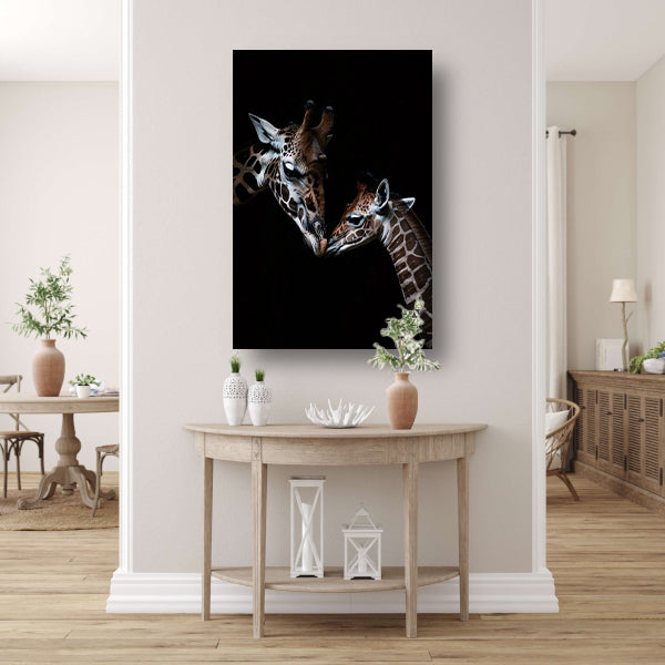 Zwart-wit kunstwerk van nuzzelende giraffen canvas