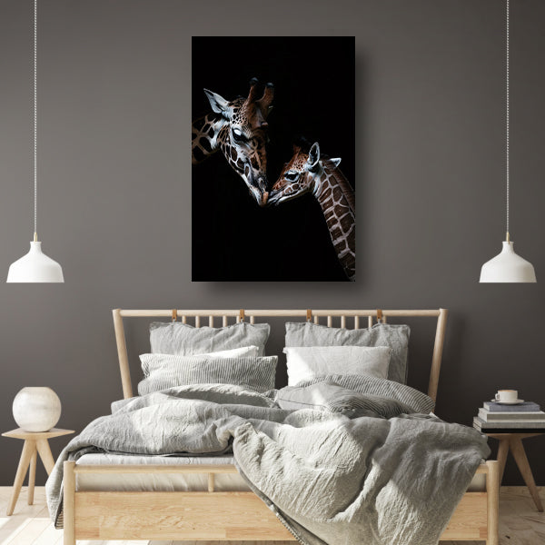 Zwart-wit kunstwerk van nuzzelende giraffen canvas