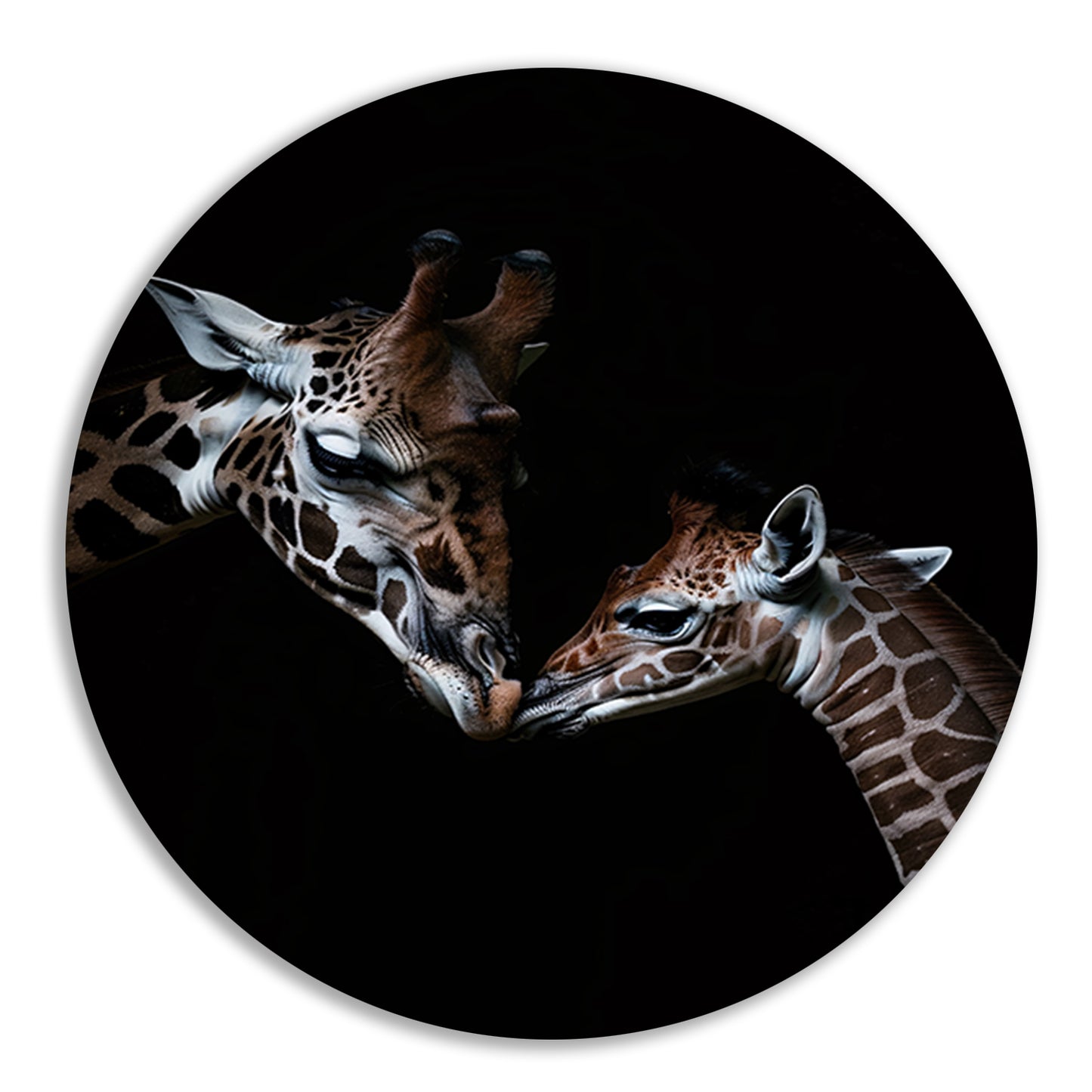 Zwart-wit kunstwerk van nuzzelende giraffen aluminium muurcirkel