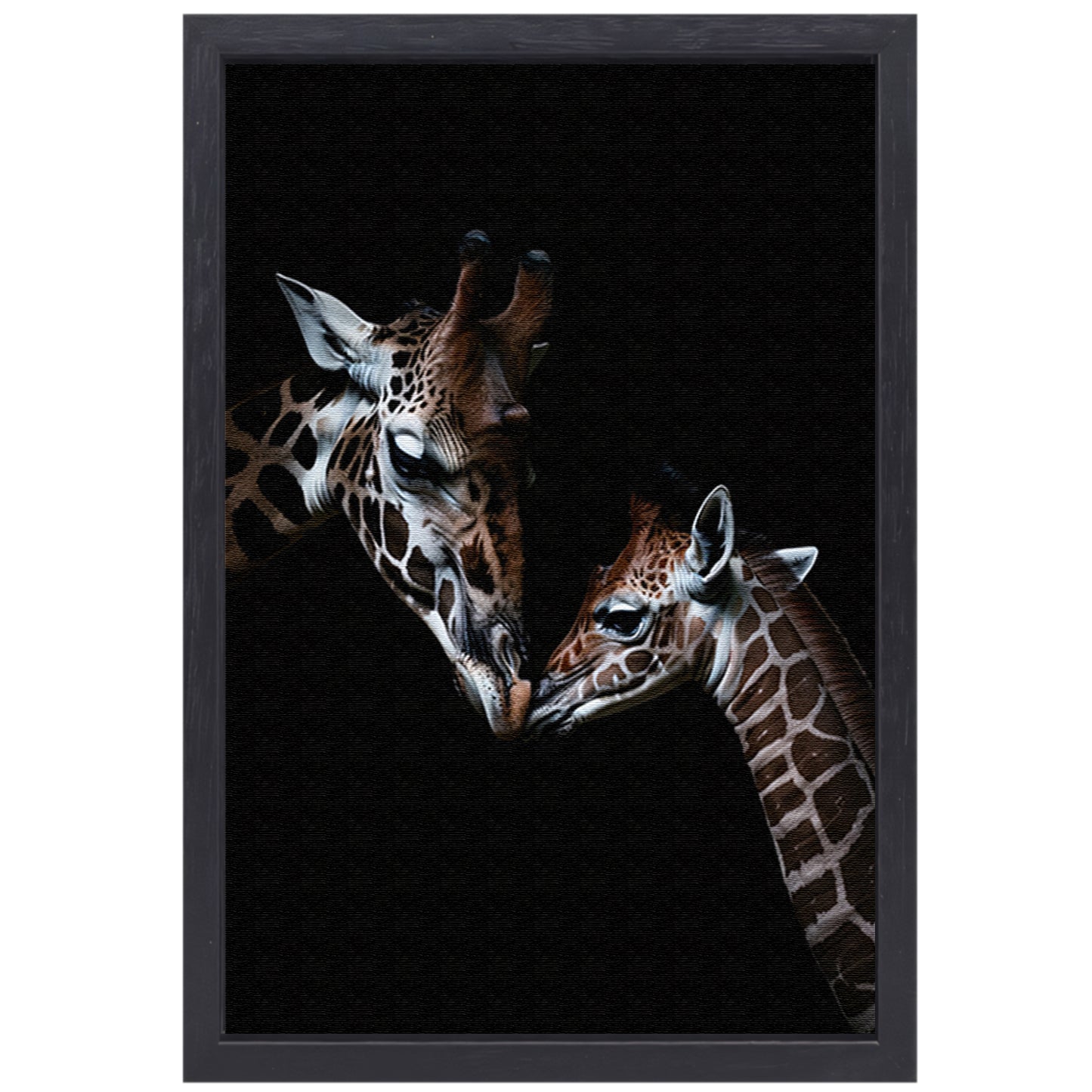 Zwart-wit kunstwerk van nuzzelende giraffen canvas met baklijst