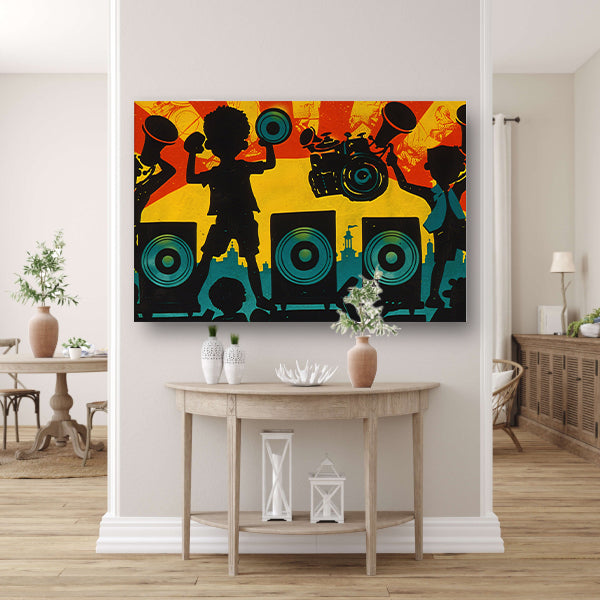 Muziek en silhouetten in stadslandschap canvas