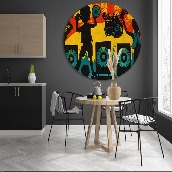 Muziek en silhouetten in stadslandschap aluminium muurcirkel