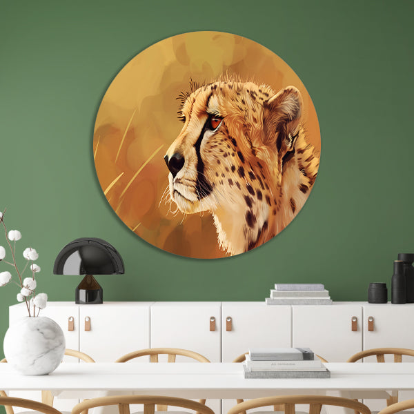 Realistisch schilderij van een majestueuze cheetah aluminium muurcirkel