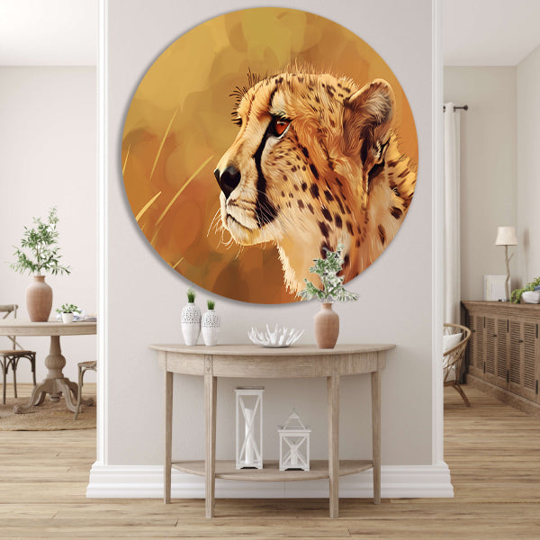 Realistisch schilderij van een majestueuze cheetah aluminium muurcirkel