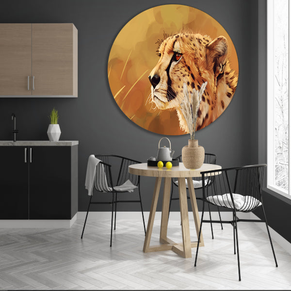 Realistisch schilderij van een majestueuze cheetah aluminium muurcirkel