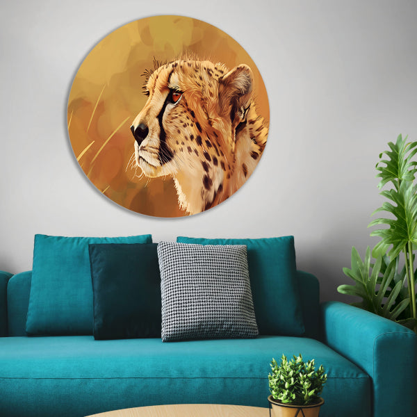 Realistisch schilderij van een majestueuze cheetah aluminium muurcirkel