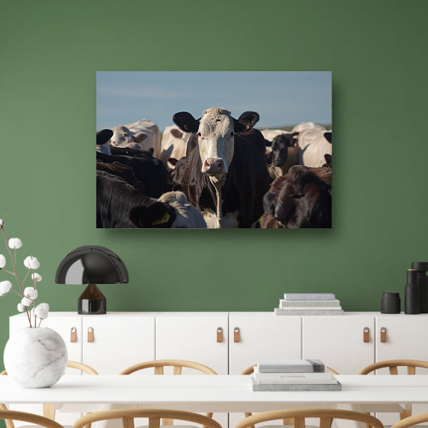 Zwart-witte koe in een kudde canvas