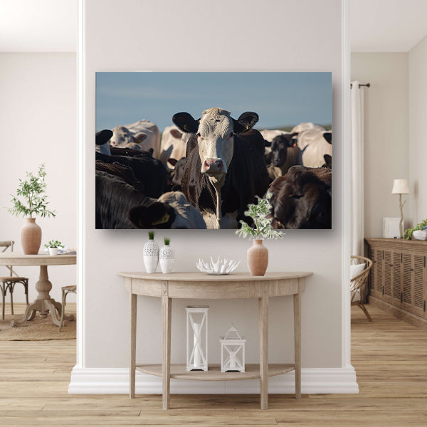 Zwart-witte koe in een kudde canvas
