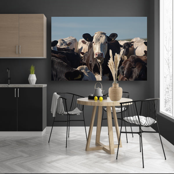 Zwart-witte koe in een kudde canvas
