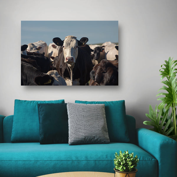 Zwart-witte koe in een kudde canvas