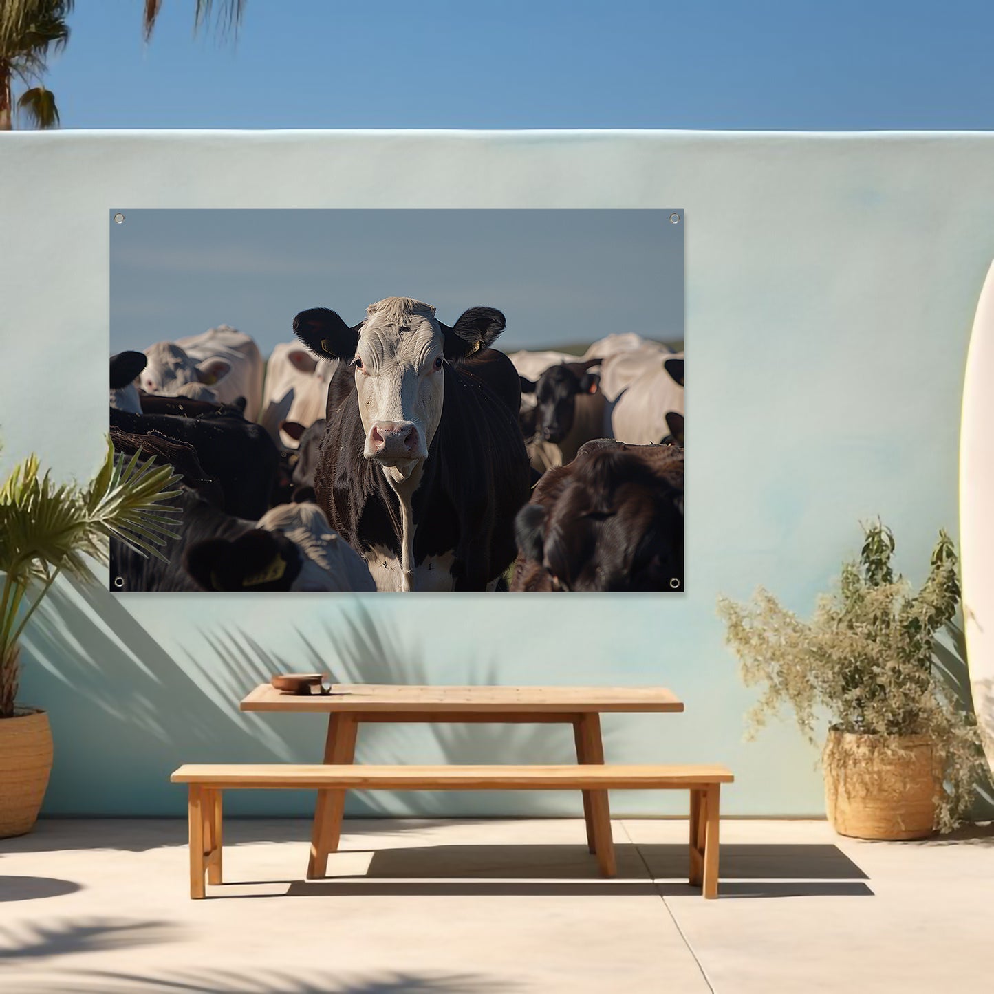 Zwart-witte koe in een kudde tuinposter