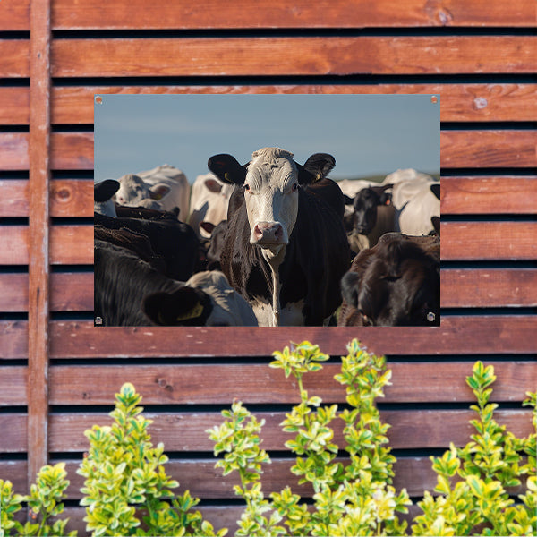 Zwart-witte koe in een kudde tuinposter