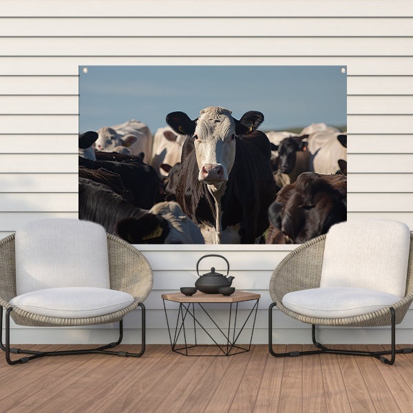 Zwart-witte koe in een kudde tuinposter