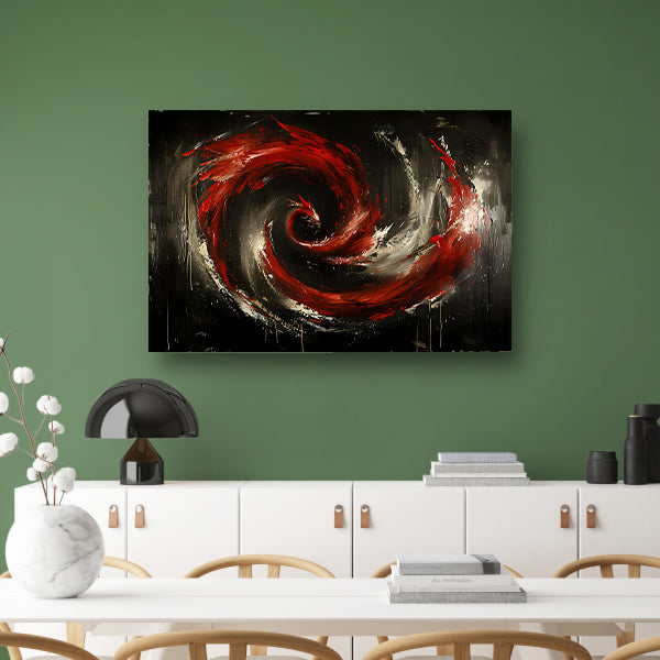 Dynamische abstracte werveling in rood en zwart canvas