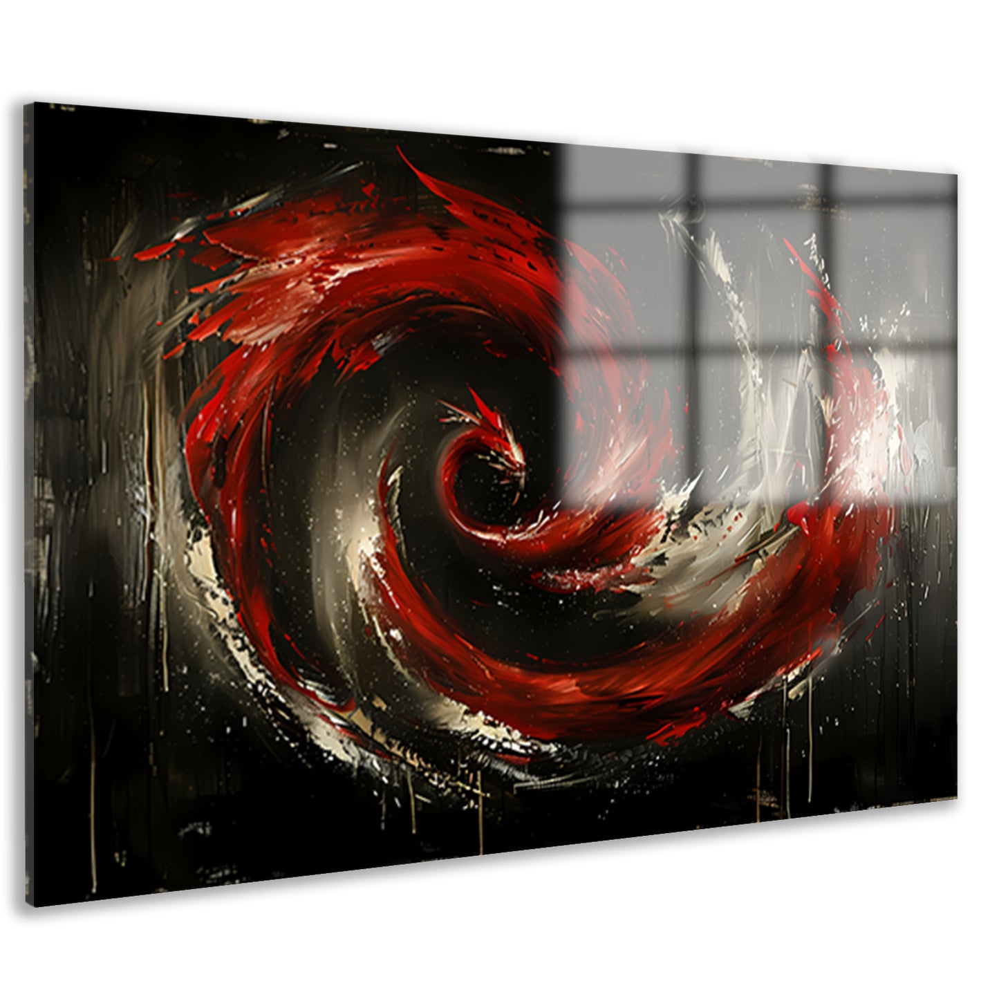 Dynamische abstracte werveling in rood en zwart acrylglas