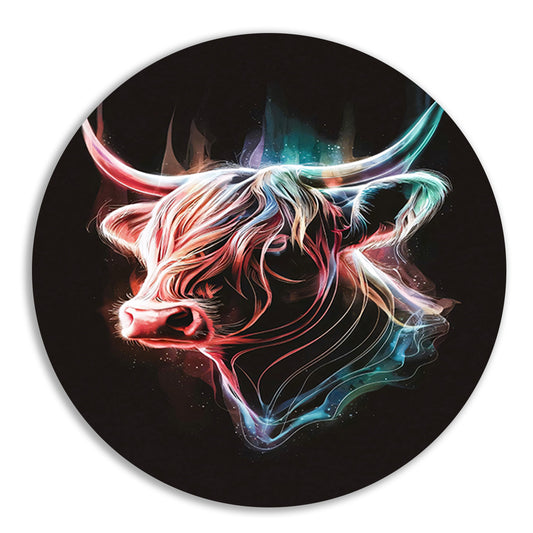 Abstracte Kleurendans van een Schotse hooglander aluminium muurcirkel