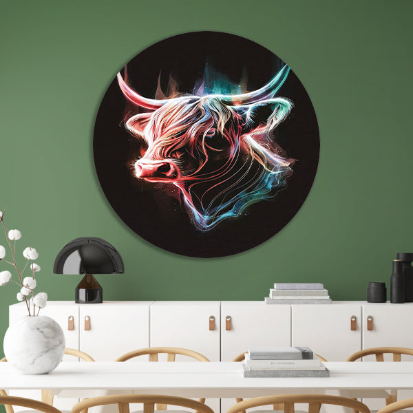 Abstracte Kleurendans van een Schotse hooglander aluminium muurcirkel