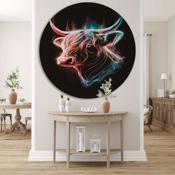 Abstracte Kleurendans van een Schotse hooglander aluminium muurcirkel