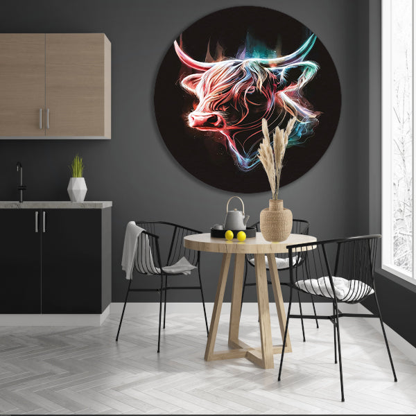 Abstracte Kleurendans van een Schotse hooglander aluminium muurcirkel