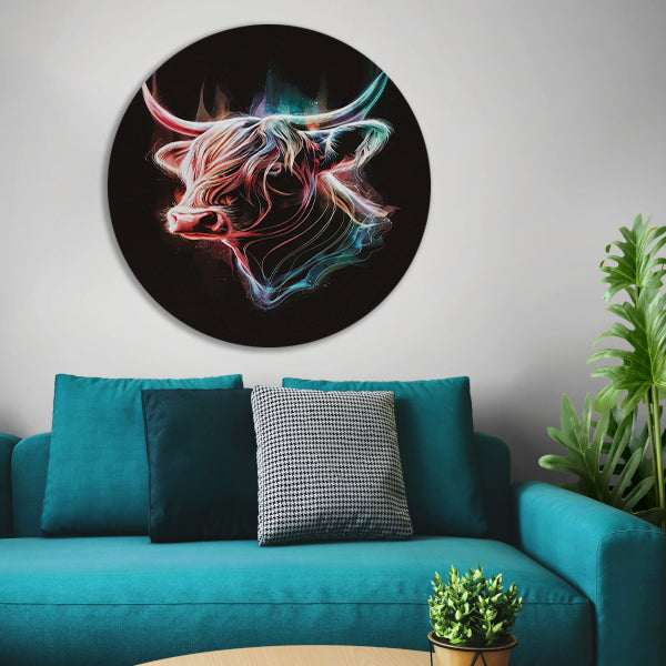 Abstracte Kleurendans van een Schotse hooglander aluminium muurcirkel