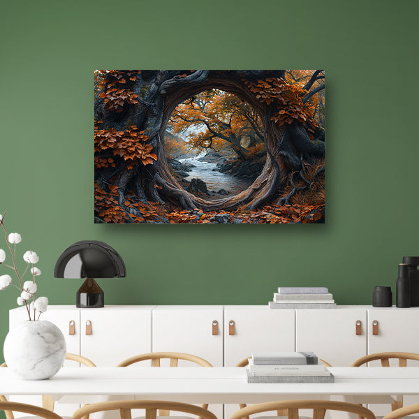 Oude boom bij rivier canvas