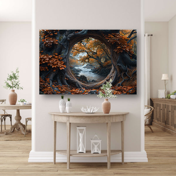 Oude boom bij rivier canvas