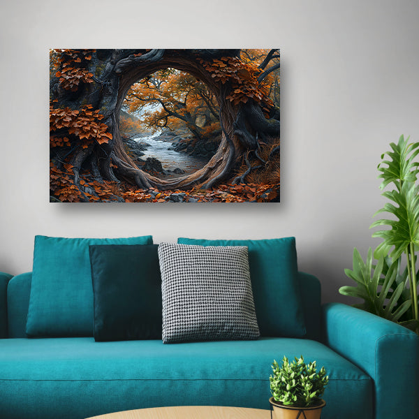 Oude boom bij rivier canvas