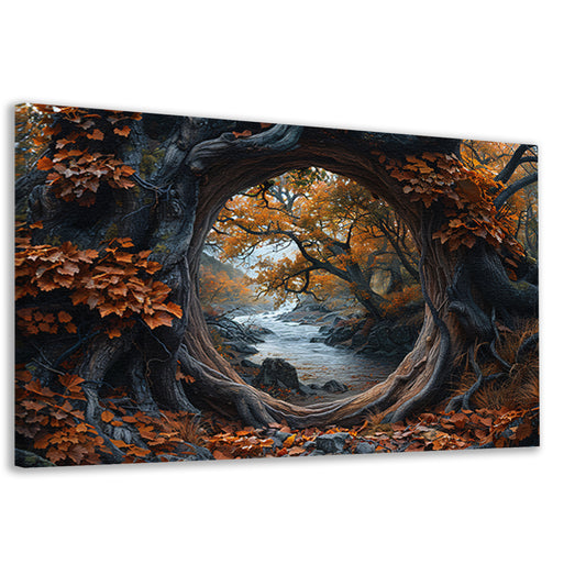 Oude boom bij rivier canvas