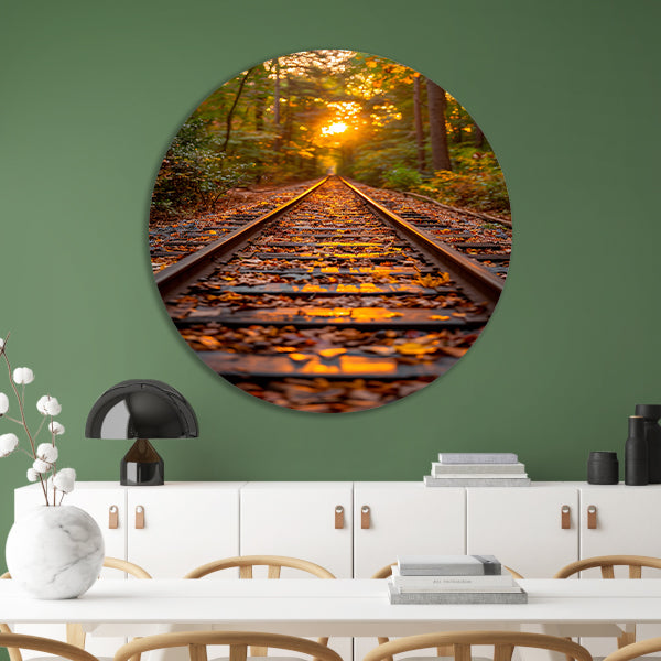 Treinspoor in herfstbos aluminium muurcirkel